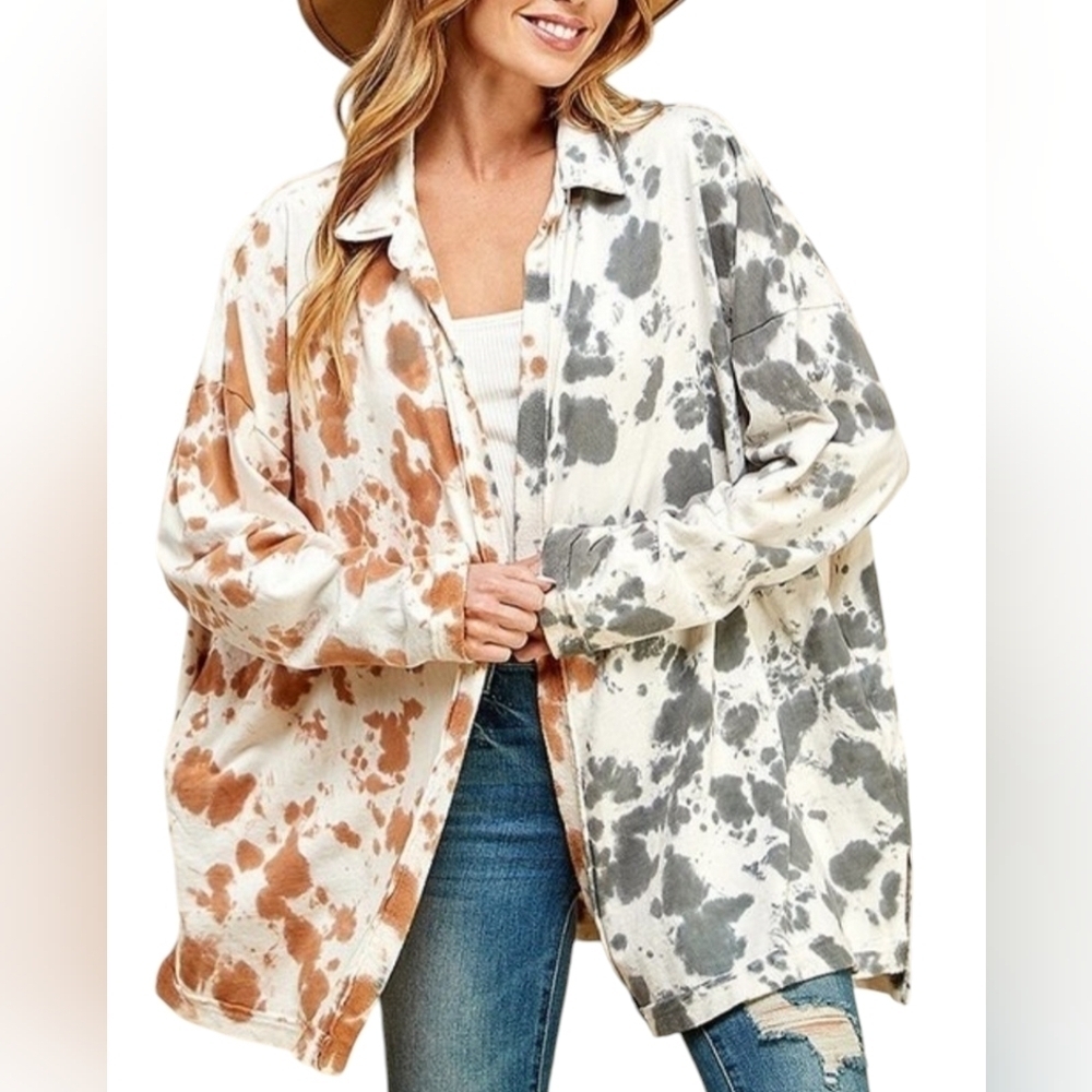 SPLA Cow Print Oversized Open‎ Cardigan Jacket With Side Pockets